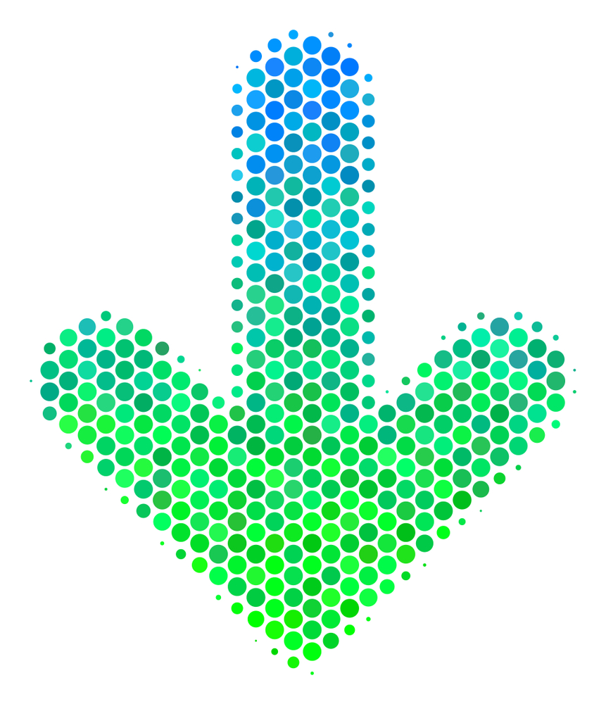 Halftone circle Arrow Down pictogram. Pictogram in green and blue color tinges on a white background. Raster composition of arrow down icon designed of round dots.